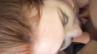 Young red head with lip piercing gets fuck doggy style on the couch