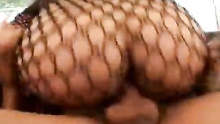 Jazmine Model rides penis inside her fishnets