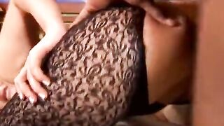 Iris gets pummeled and facialed inside her fishnets!