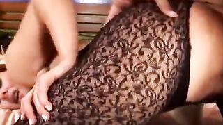Iris gets pummeled and facialed inside her fishnets!