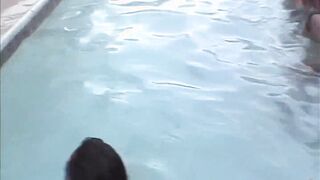 college girls slender dipping into our pool after sexy day on the beach