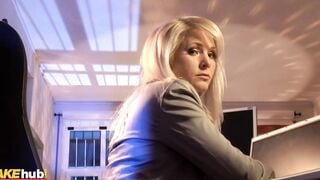 FAKEhub - Natural office milf Kathy Anderson sucks robber from under her desk before lifting her skirt to introduce her soak older vagina to his huge rough dick