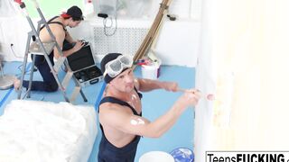 Virgin blonde gets double penetrated by the painters