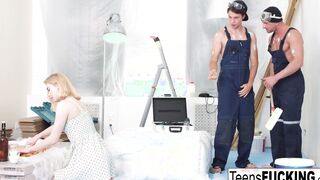Virgin blonde gets double penetrated by the painters