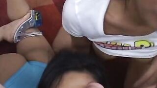 Bunch of vulgar Goddess looking eighteen go after one dick