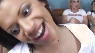 Bunch of vulgar Goddess looking eighteen go after one dick