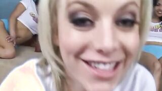 Bunch of vulgar Goddess looking eighteen go after one dick