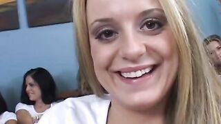 Bunch of vulgar Goddess looking eighteen go after one dick