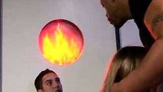 Biggest african dude fucks dark haired while BF watches