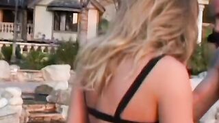 Huge breasted women swallows long load by the pool