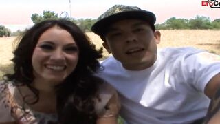 Dark haired petite fiance with tiny pierced breasts and her cuckold hubby