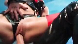Amazingly Hot dark hair lady takes penis in her snatch and hand inside her wide asshole