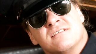 Submissive blonde is made to suck a man's penis public the room