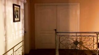 Submissive blonde is made to suck a man's penis public the room