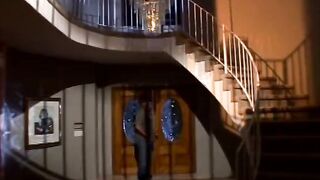 Submissive blonde is made to suck a man's penis public the room