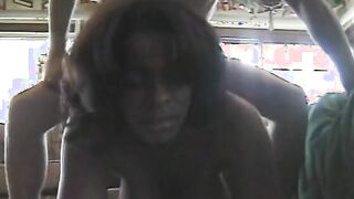 Voluptuous african woman with huge bristols blows white penis staying on her knees