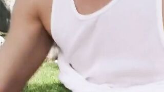 Blonde next door fucks her neighbors inside the yard.