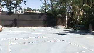 Blonde next door fucks her neighbors inside the yard.