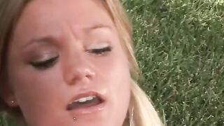 Blonde next door fucks her neighbors inside the yard.