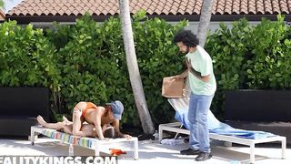 Fiona Frost Kira Perez Feed Each Other Before Pushing The Delivery Dude Inside The Pool -