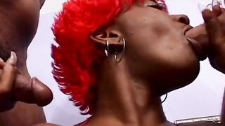 Immoral incredible black cunt with mouth takes 2 dicks into all her wide holes