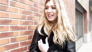 Cute blonde is seduced inside the street with cash to have sex