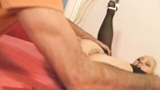 Blonde with natural melons gets banged! for the first time inside