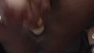 Ebony pornstar with gag ball changes sex toy to penis for anal plowed