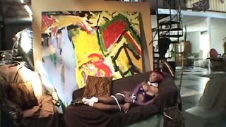 Butt ebony doll into fishnet tights has her booty filled and creamed