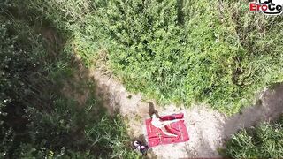 two Men caught german chick into outdoors and pick up for 3some mmf