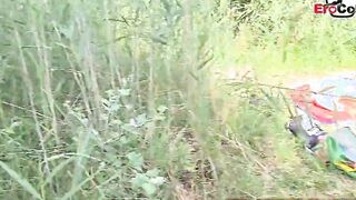 two Men caught german chick into outdoors and pick up for 3some mmf
