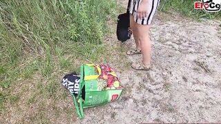 two Men caught german chick into outdoors and pick up for 3some mmf