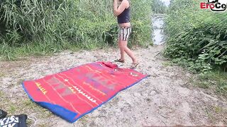 two Men caught german chick into outdoors and pick up for 3some mmf