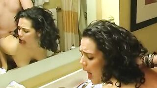 Luxurious huge boobs dark haired pounded on the bed and inside the kitchen