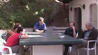 Freaky african haired babe blows and fucks 4 guys by the pool