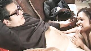 Black eighteen gets her vagina licked by an mature man on the sofa