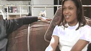 Black eighteen gets her vagina licked by an mature man on the sofa