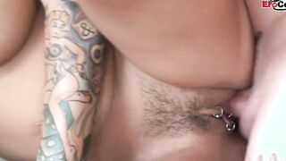 Tattooed and pierced Goddess gets a jizzed on her huge boobies