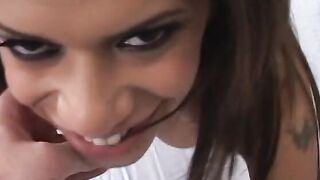 Dark Haired takes facial jizzed after giving a nice fellatio and ride a penis inside bed