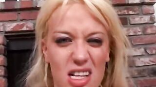 Huge haired blonde takes a humongous penis deep down her throat