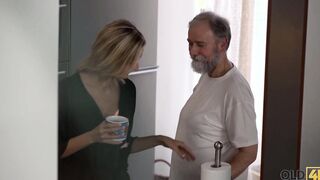OLD4K. Bearded man thinks cunt with mouth is older enough to be boned by him