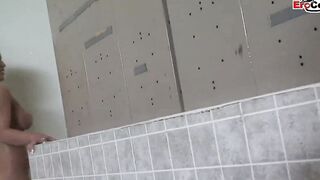Curvy blonde hoe with huge breasts gets a facial after sex inside the locker room
