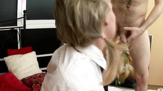 Blonde young student gets her pretty bald twat banged