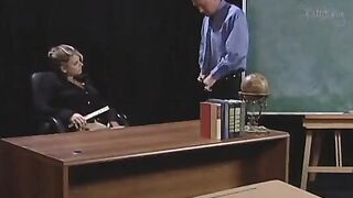 Blonde professor gets naked and blows balding dude's average-sized dick