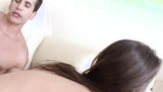 Young stud licks brunettes bald snatch and fucks her rough