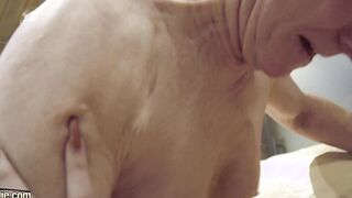 Young red haired twat riding grandpa penis and she gets cum on her titties
