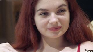 Young red haired twat riding grandpa penis and she gets cum on her titties