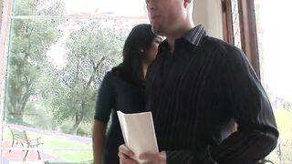 Guy cums on bimbos's big hooters after giving her deep penetration by fireplace