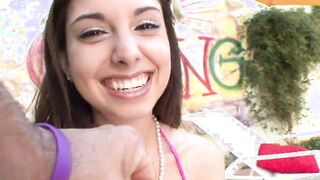 Slender dark haired plays with sex toy and blows and takes BF's dick on couch