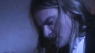 Blond sex beauty gets slammed on bed then swallows